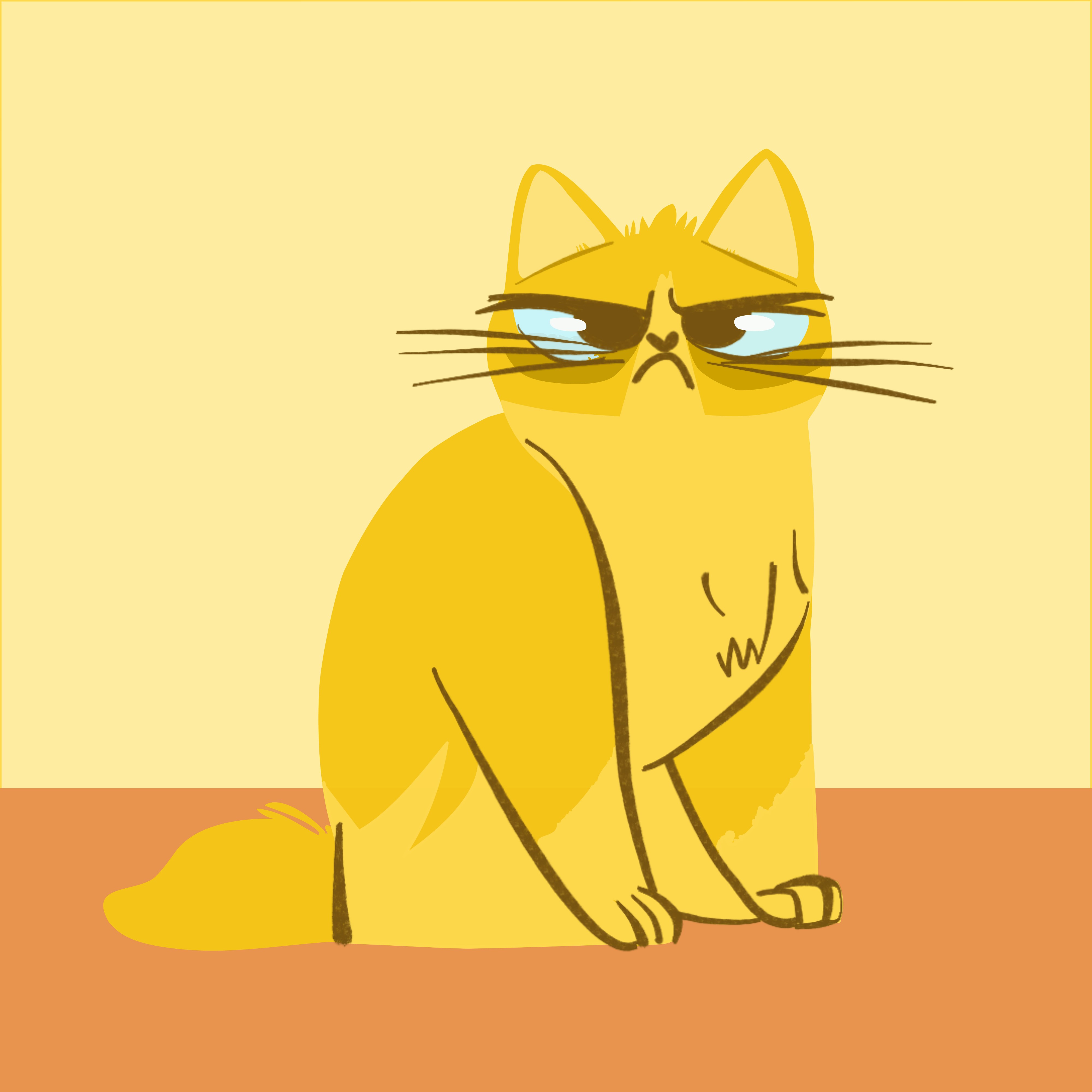 Мультяшная иллюстрация сердитого жёлтого кота, сидящего на полу.