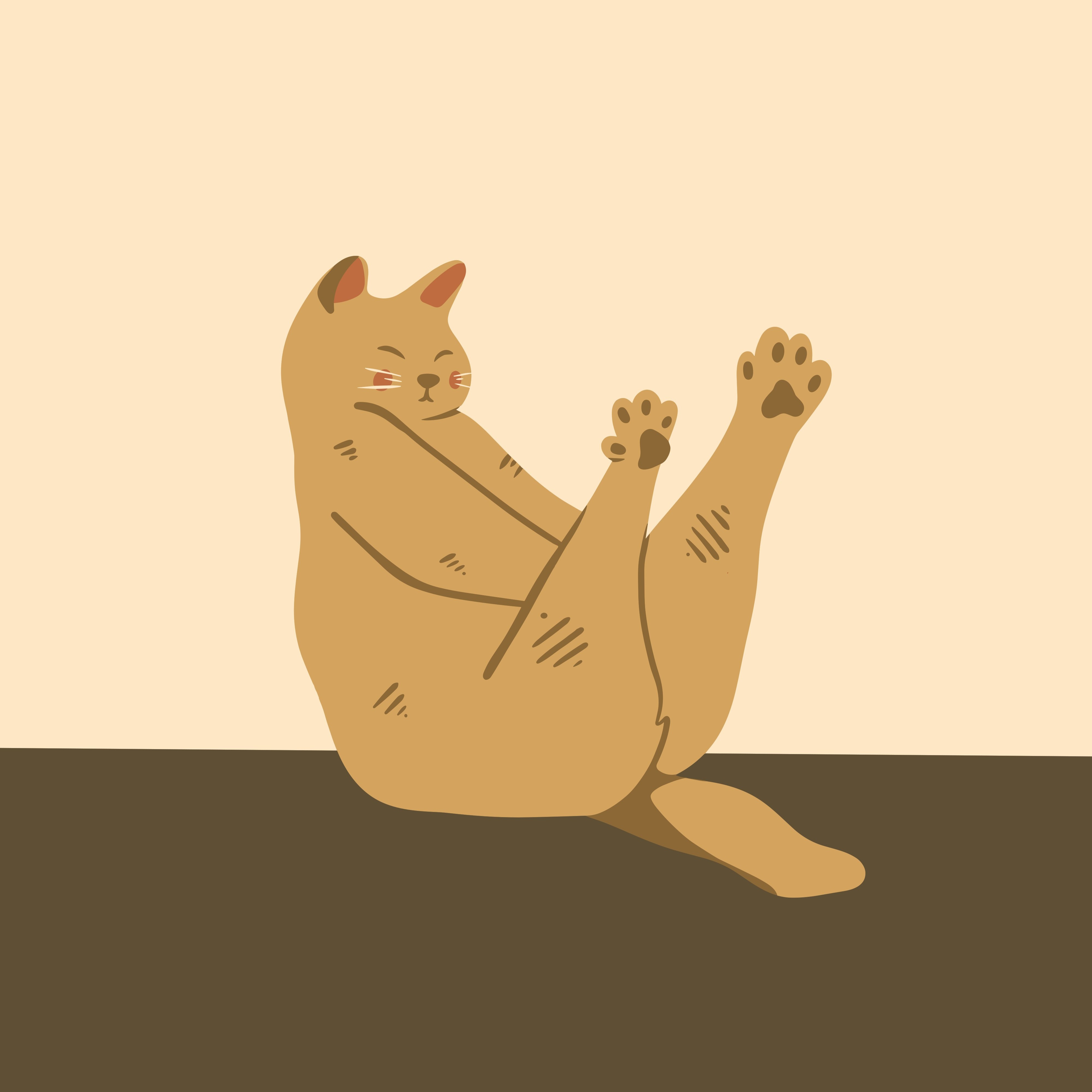 Мультяшный рисунок рыжего кота. Кот сидит, вытянув задние лапы вверх.